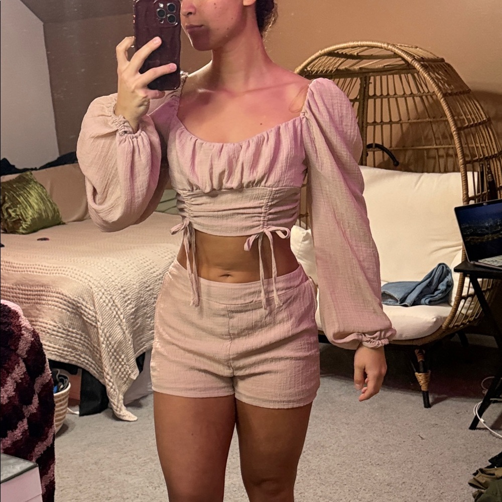 Pink Ruched Crop Top and Shorts Set